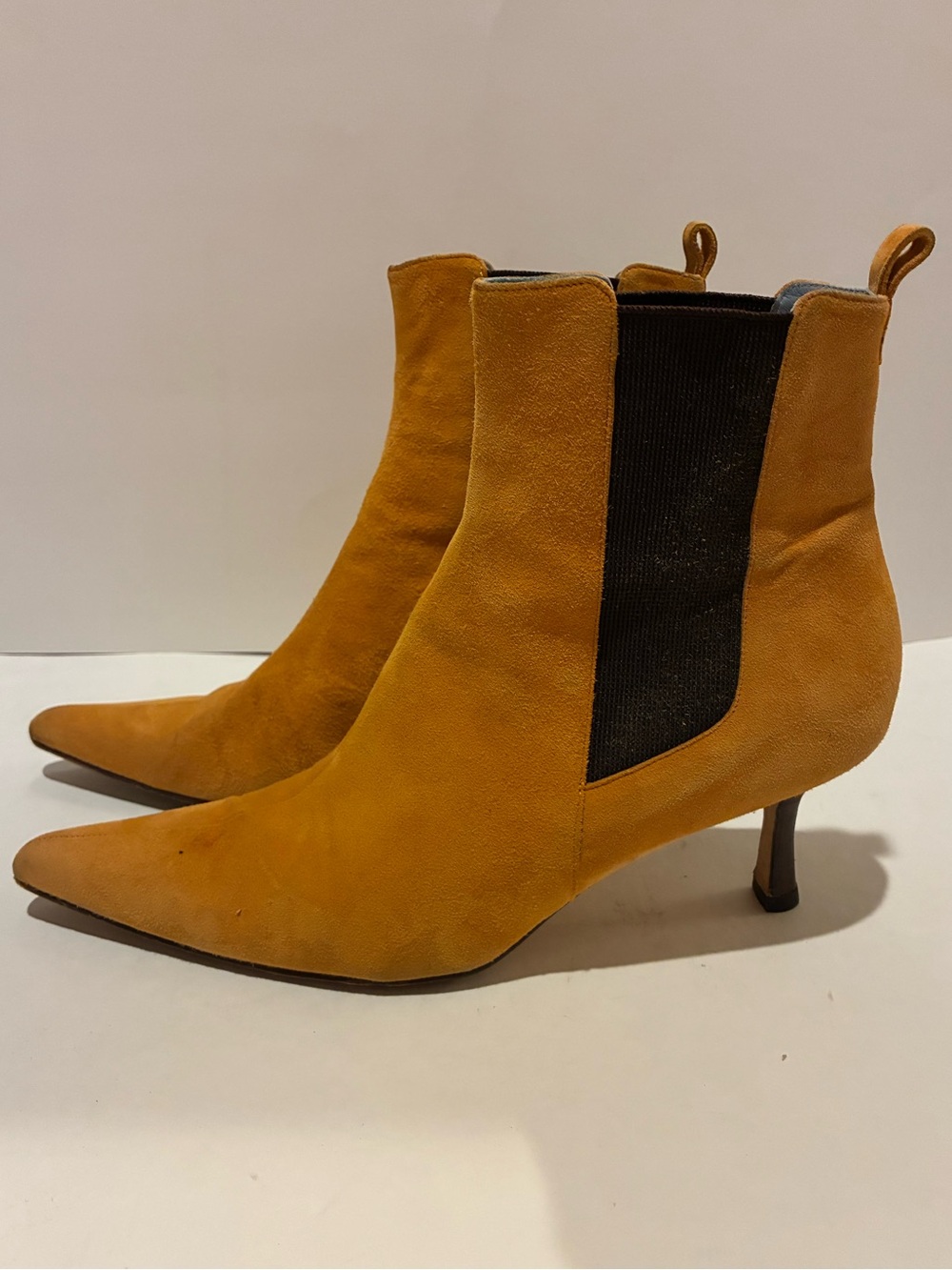 Lambertson Truex  suede pointed toe heeled ankle boots.  Stretch panels. Sz 39